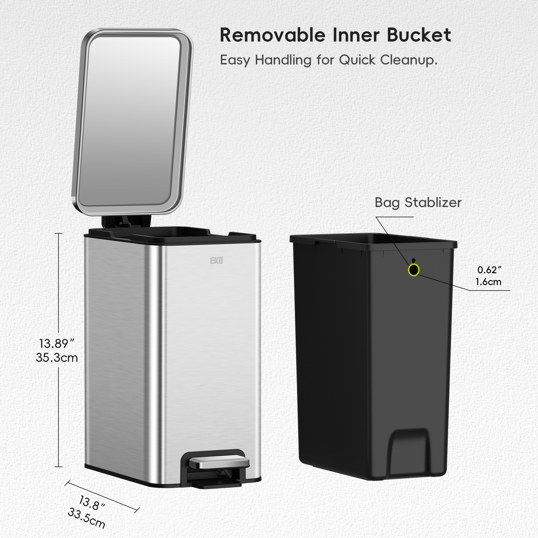 EKO Bathroom Trash Bin Lid Soft Close, Step Pedal Dustbin, 10 Liter Stainless Steel Garbage Can, Inner Bucket, Anti-Fingerprint#EKO #Dustbin #trashbag