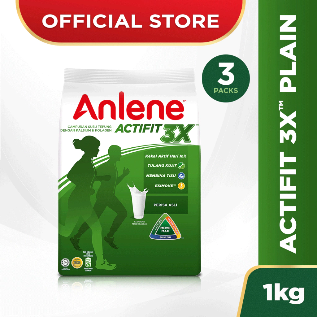ANLENE Actifit 3X Regular High Calcium Adult Milk Powder Plain Susu Tepung 奶粉 (1kg x 3)