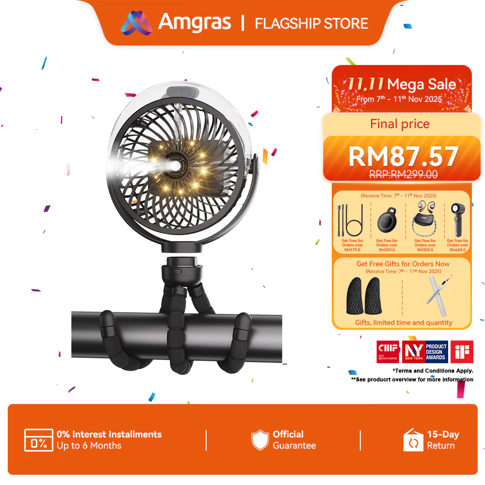 Amgras Stroller Baby Portable Mini Fan Rechargeable 9 Leds/Ultra Quiet/Flexible Tripod/55 Hours (6000mAh)